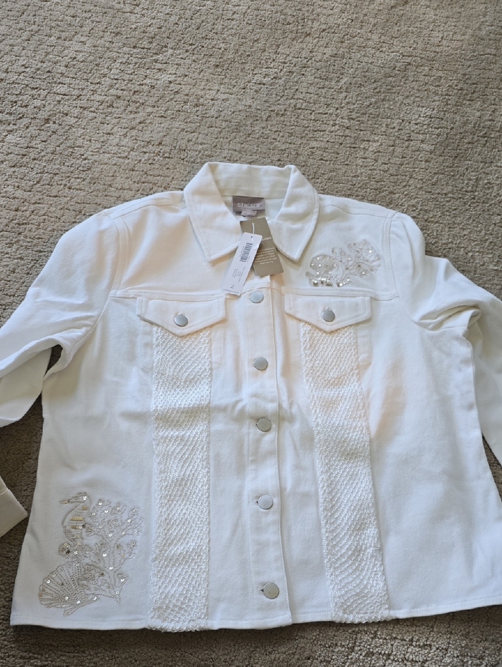 Chico's White Embellished Jean Jacket - Picture 1 of 3